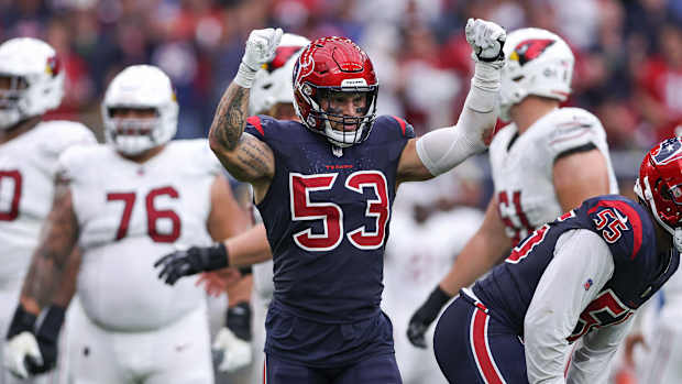 Nov 19, 2023; Houston, Texas, USA; Houston Texans linebacker Blake Cashman (53) reacts after a play during the game against the Arizona Cardinals at NRG Stadium. Mandatory Credit: Troy Taormina-USA TODAY Sports